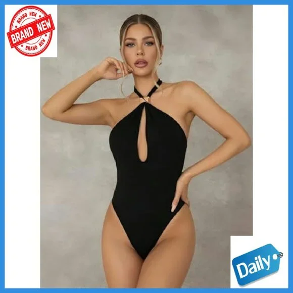 Tie Backless Halter Bodysuit Y2K Cut Out Sleeveless Club Leotard